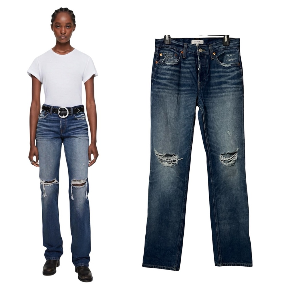 Re/done Easy Straight Jeans Indigo Grind Destroy Size 26 Shade A